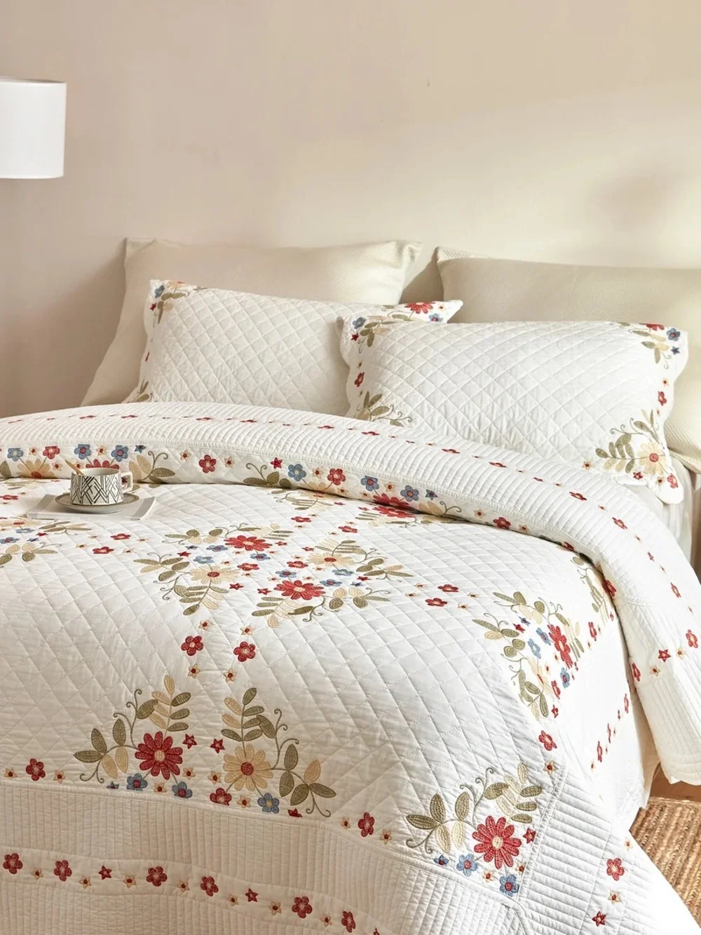 3 piece 100% cotton embroidered cottage floral Queen quilt set